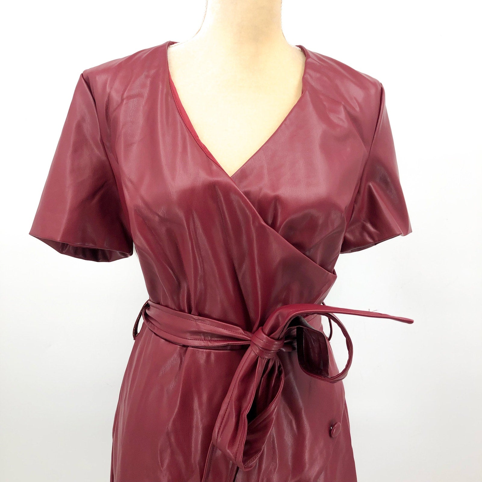 BARDOT Womens Wrap Midi Dress Large US 8 Red Burgundy Vegan Leather NWT