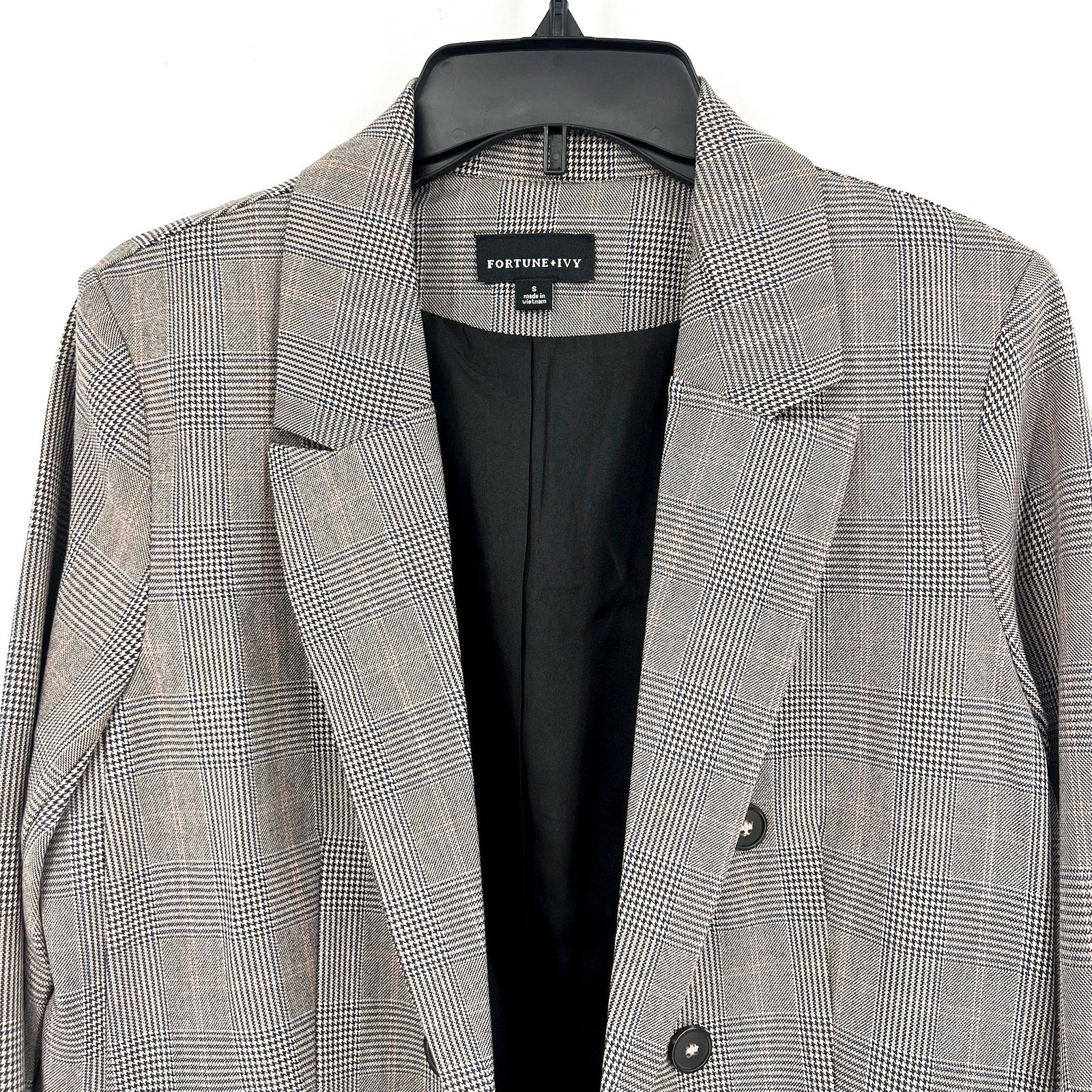 FORTUNE + IVY Womens Double-Breasted Blazer Small Glen Plaid Grey Multi NWOT