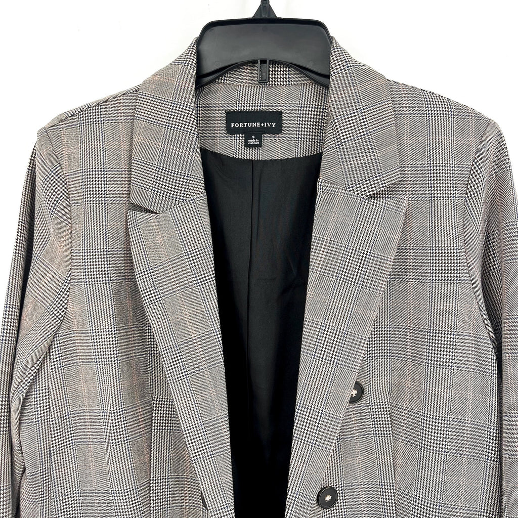 FORTUNE + IVY Womens Double-Breasted Blazer Small Glen Plaid Grey Multi NWOT
