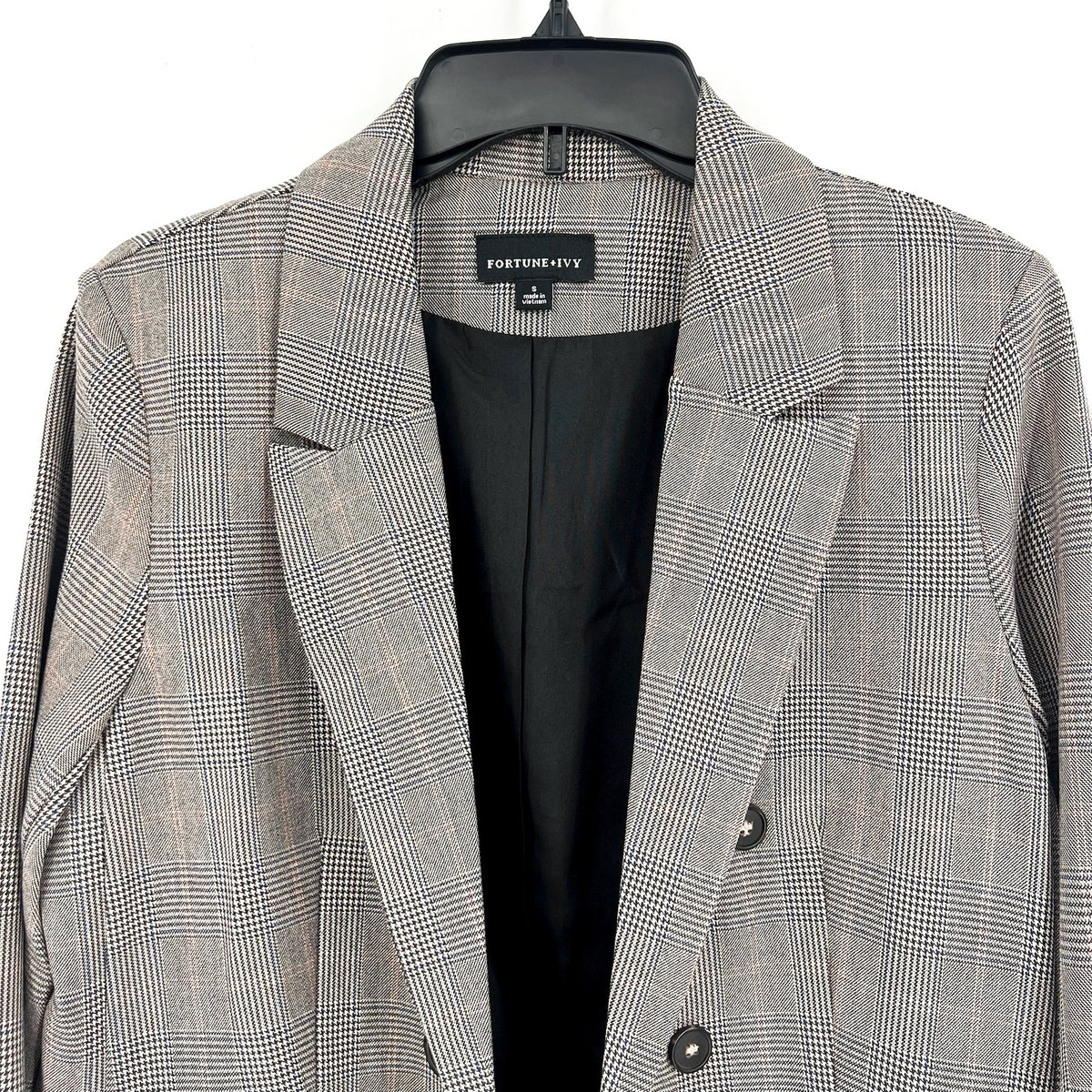 FORTUNE + IVY Womens Double-Breasted Blazer Small Glen Plaid Grey Multi NWOT