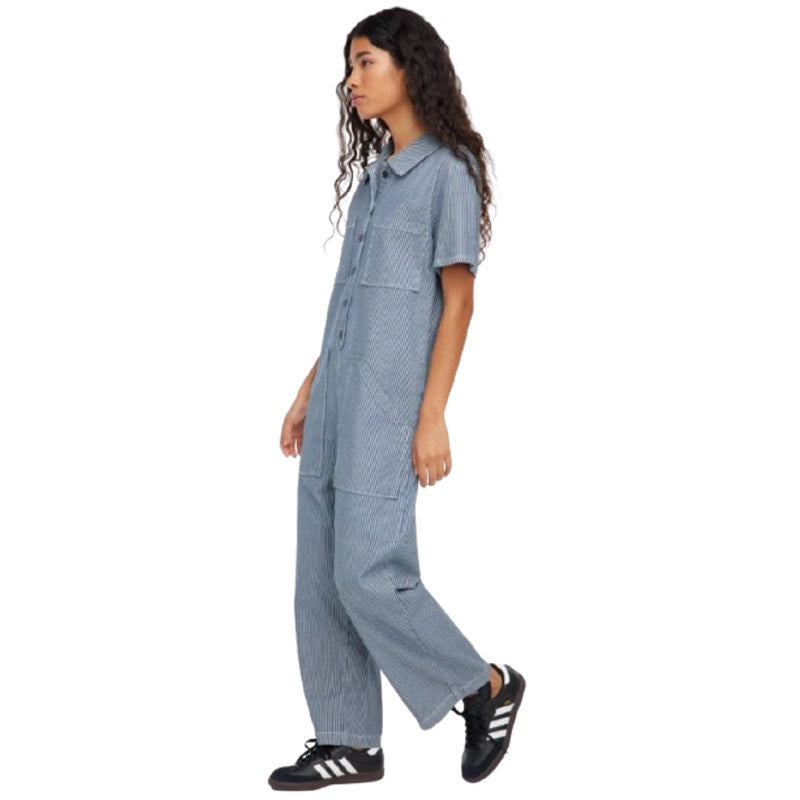 LACAUSA Women's Railroad Lucky Jumpsuit XS Blue Sea Salt Stripe Short Sleeve NWT