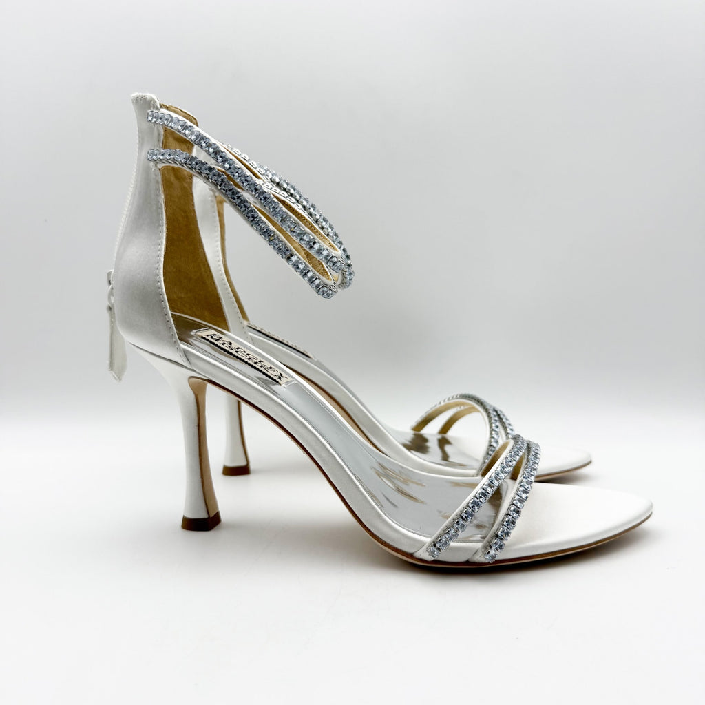 Badgley Mischka Womens Logan Heeled Sandals US 8.5 Silver Leather Crystal NIB