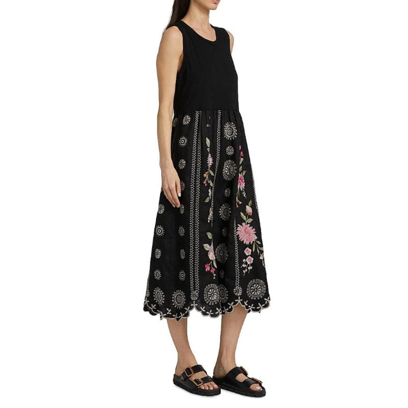 JOHNNY WAS Della Tank Midi Dress Medium Black Floral-Embroidered Linen NWT