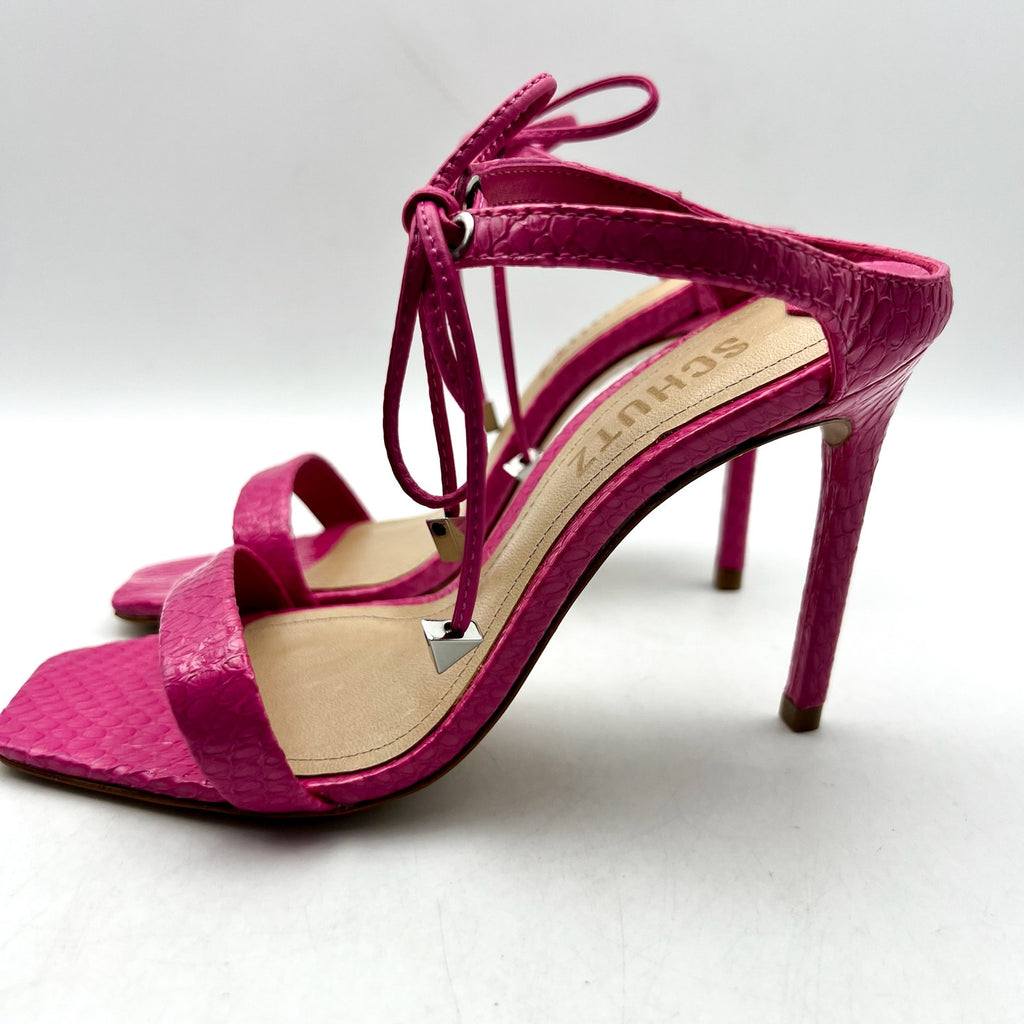 SCHUTZ Womens Mavis Heel Sandals Size 5.5 B Snake Shine Paradise Pink NIB