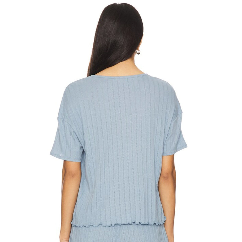 EBERJEY Women's Pointelle Short Sleeve Tee XS Blue Faded Denim Tencel Modal NWT