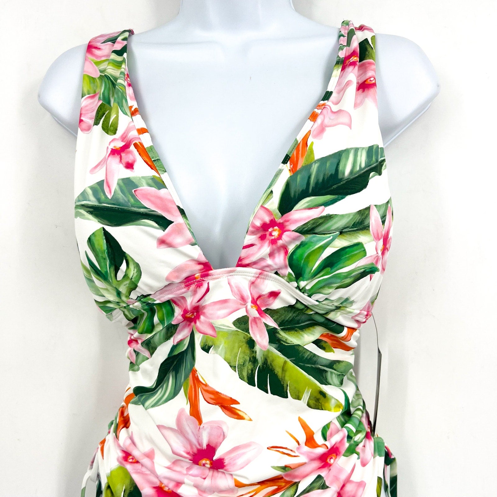 LAUREN RALPH LAUREN Plunge One Piece Swimsuit 16 White Watercolor Floral NWT