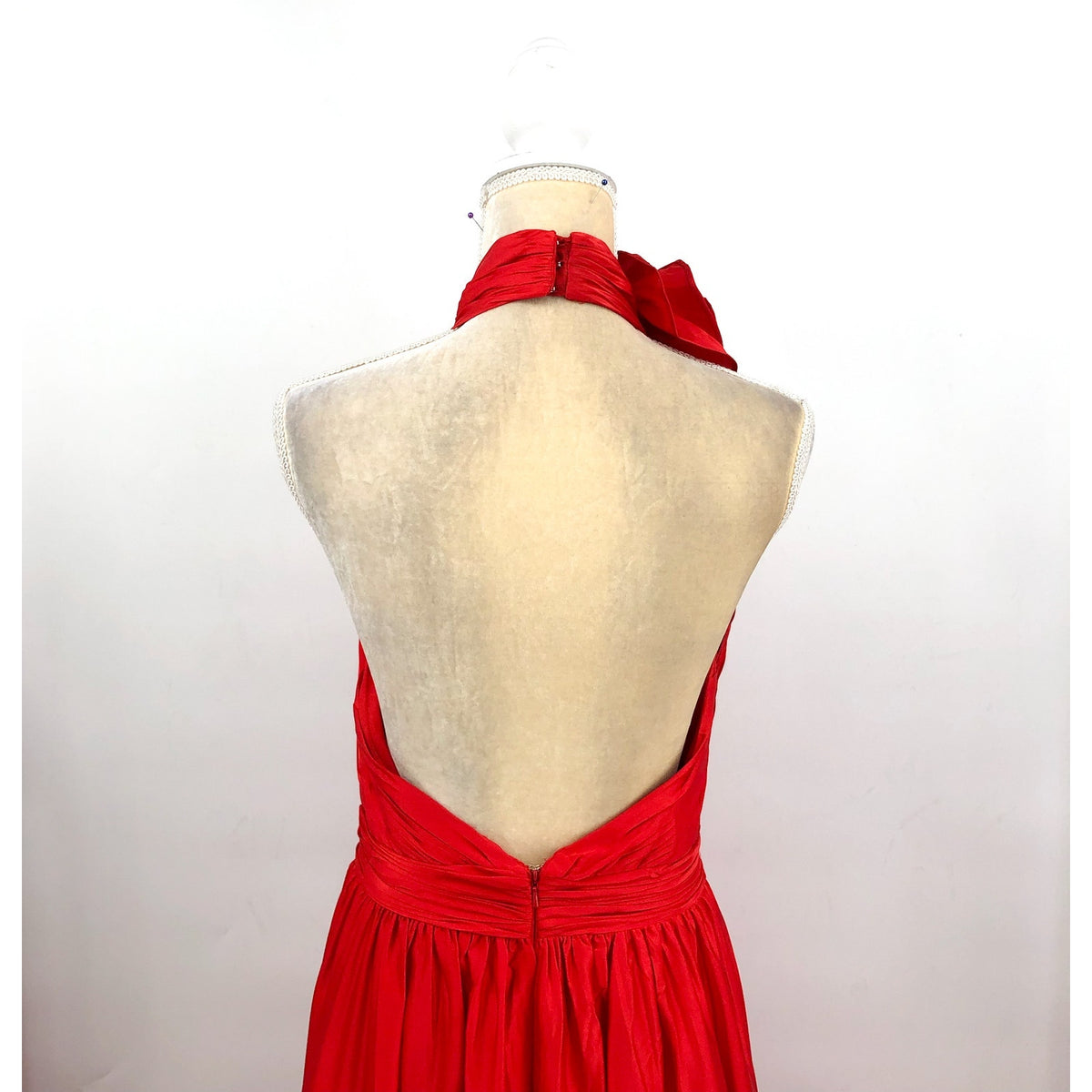 MAC DUGGAL Women's Halter Neck Satin Gown Size 10 Red High Slit Open Back NWT