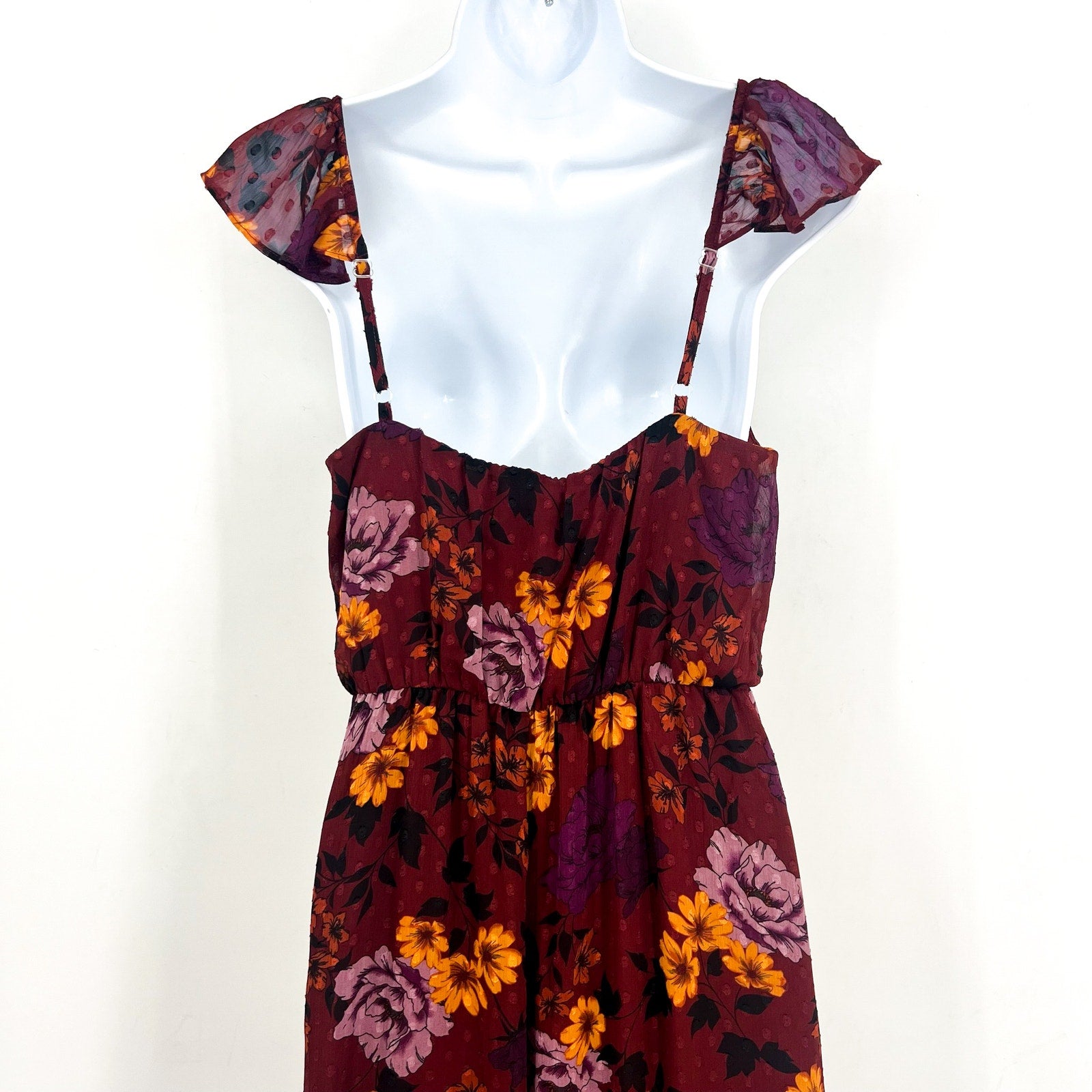 THE GENERAL GOOD Womens Floral Maxi Dress Small Dark Red Cap Sleeve NWOT