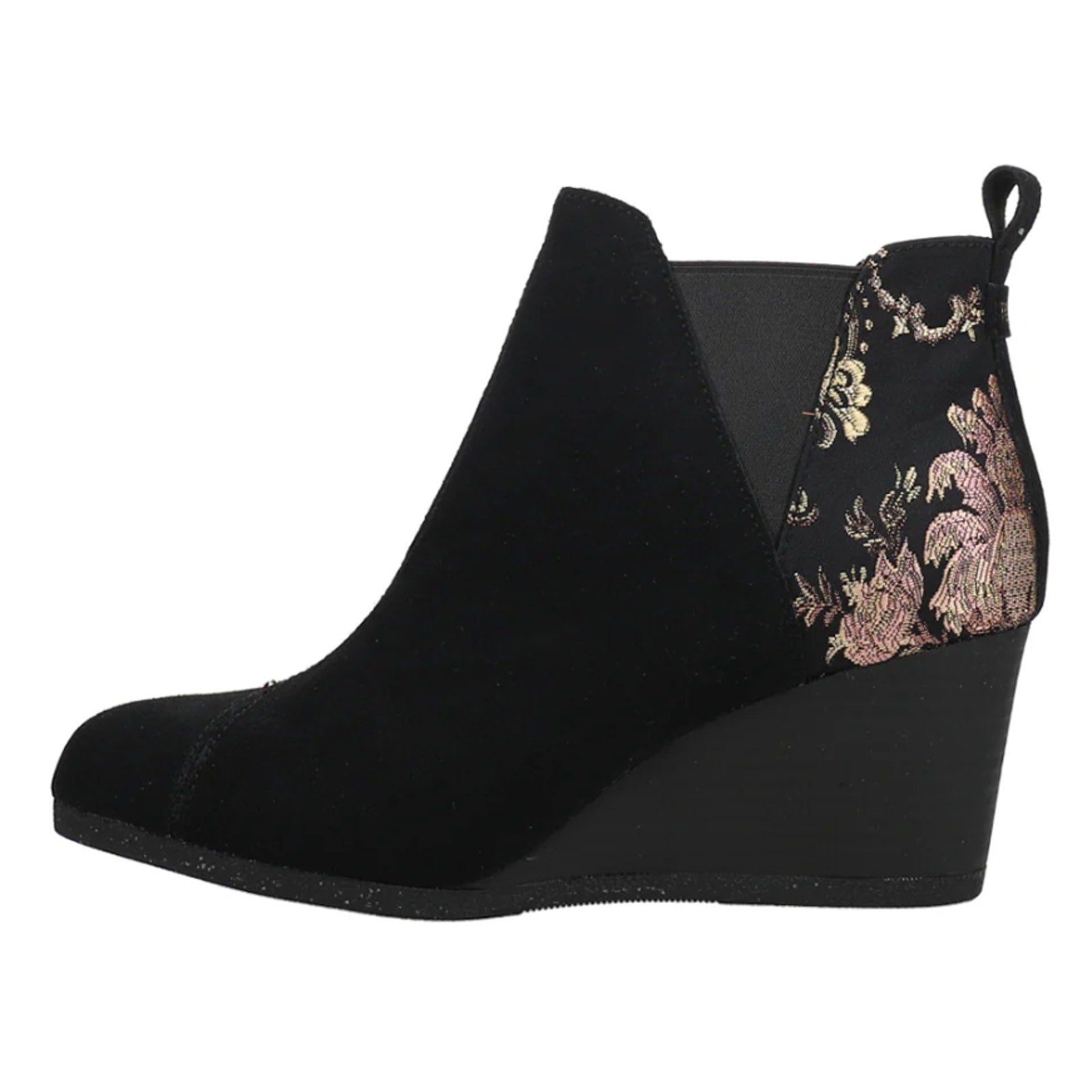 TOMS Womens Kelsey Graphic Wedge Booties US 10 Black Floral Suede Ankle NWOB
