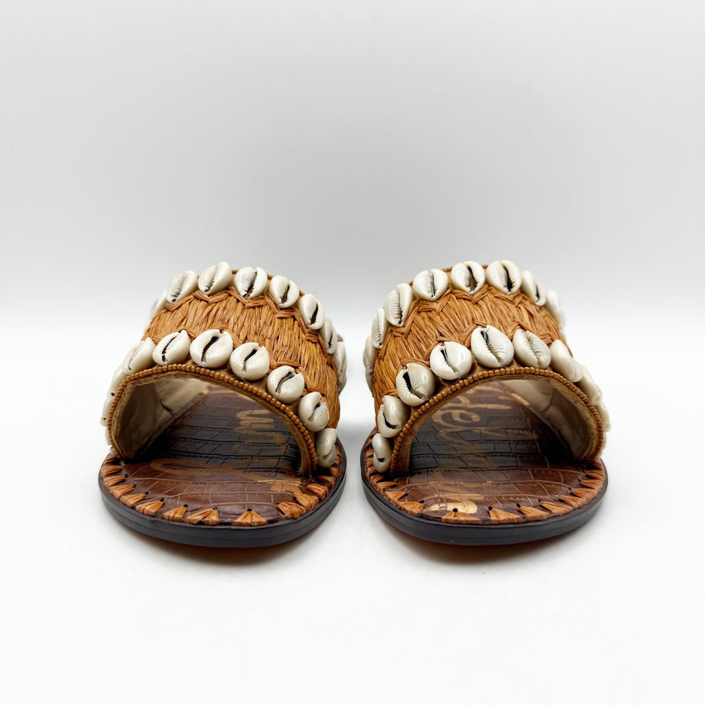 Sam Edelman Womens Gale Sandals US 7.5 M Cognac Tan Seashell Detail Slip On NIB