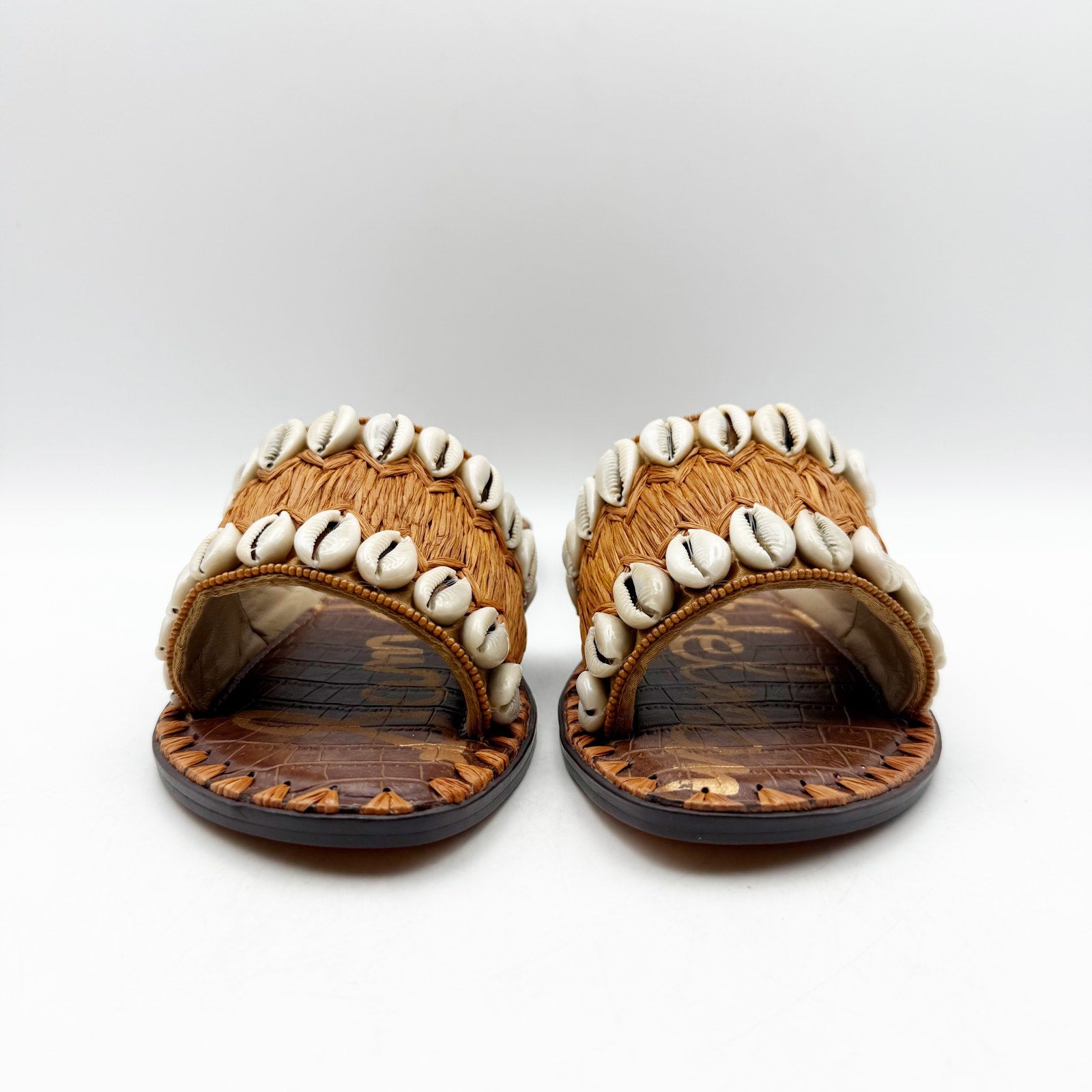 Sam Edelman Womens Gale Sandals US 7.5 M Cognac Tan Seashell Detail Slip On NIB