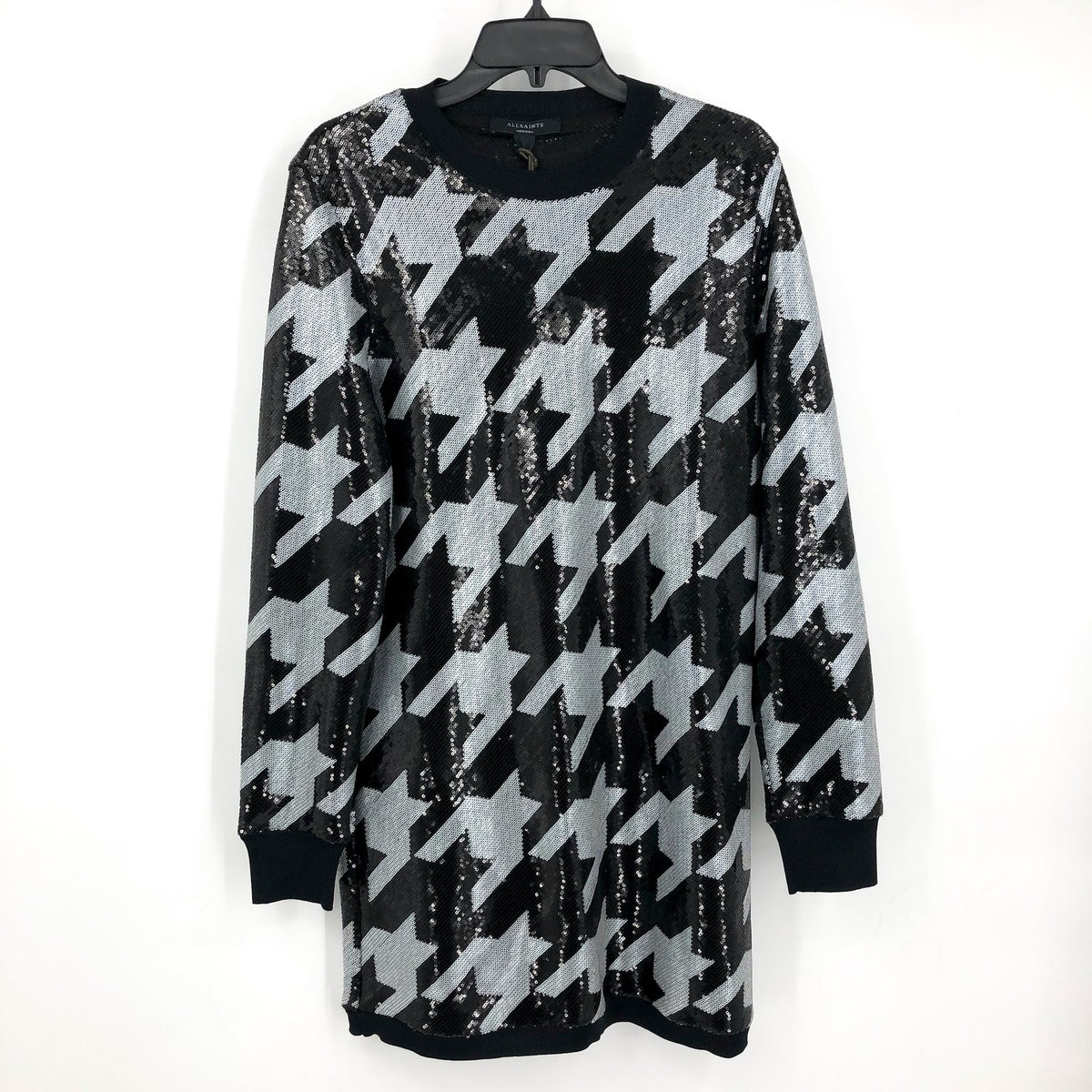ALLSAINTS Juela Toni Sequin Check Mini Dress Medium Black White Long Sleeve NWT