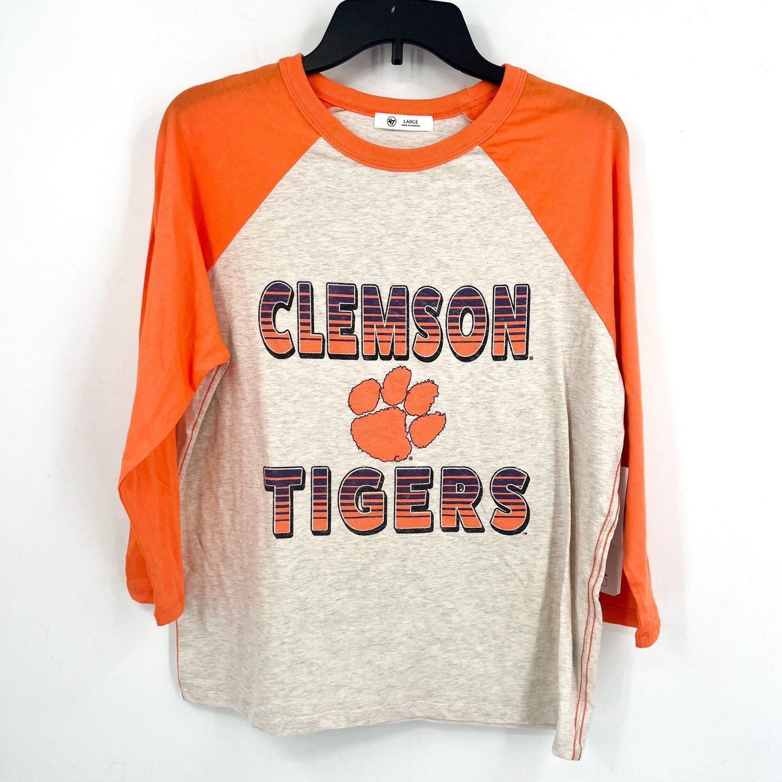 47 BRAND Womens Clemson Tigers Raglan Long Sleeve Tee Large Grey Orange NWT