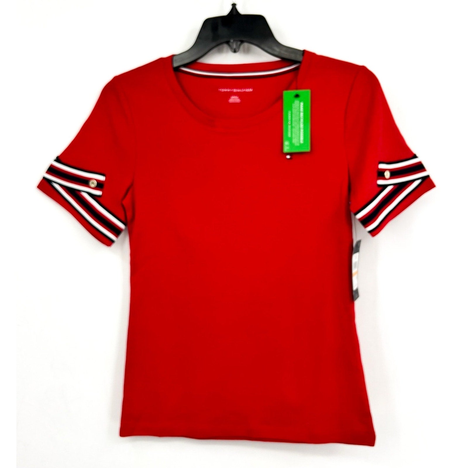 Tommy Hilfiger Womens Ribbon Cuff Logo T-Shirt Small Red Crewneck Cotton NWT