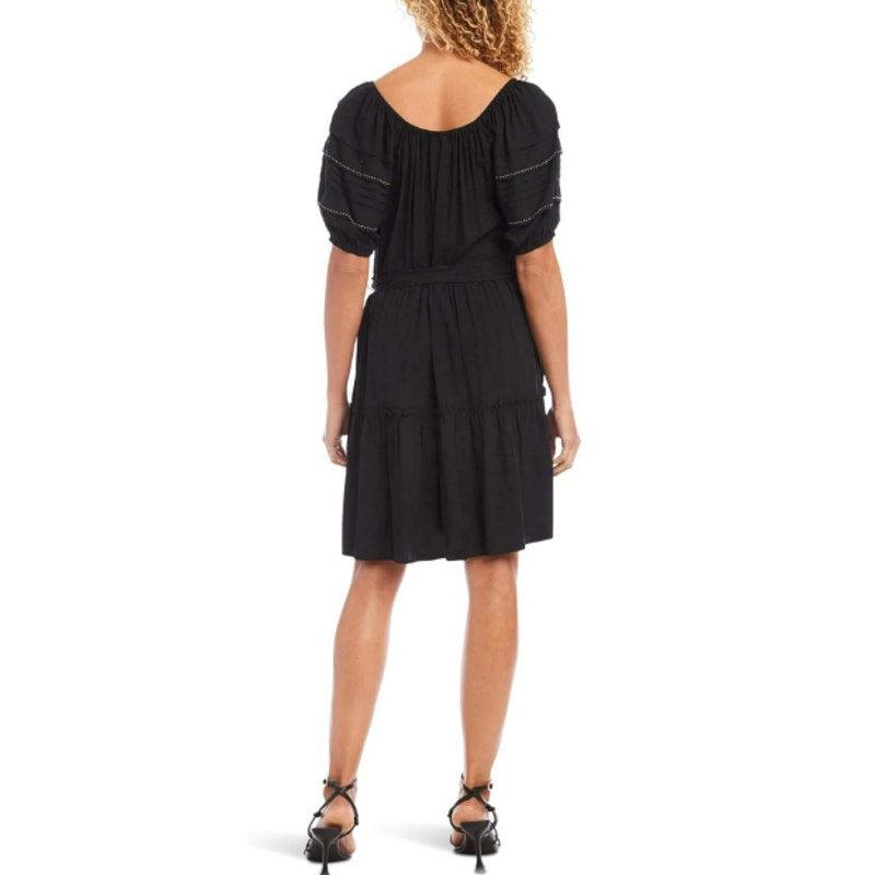 KAREN KANE Women's Tiered Boho Dress Large Black Puff Sleeve NWOT
