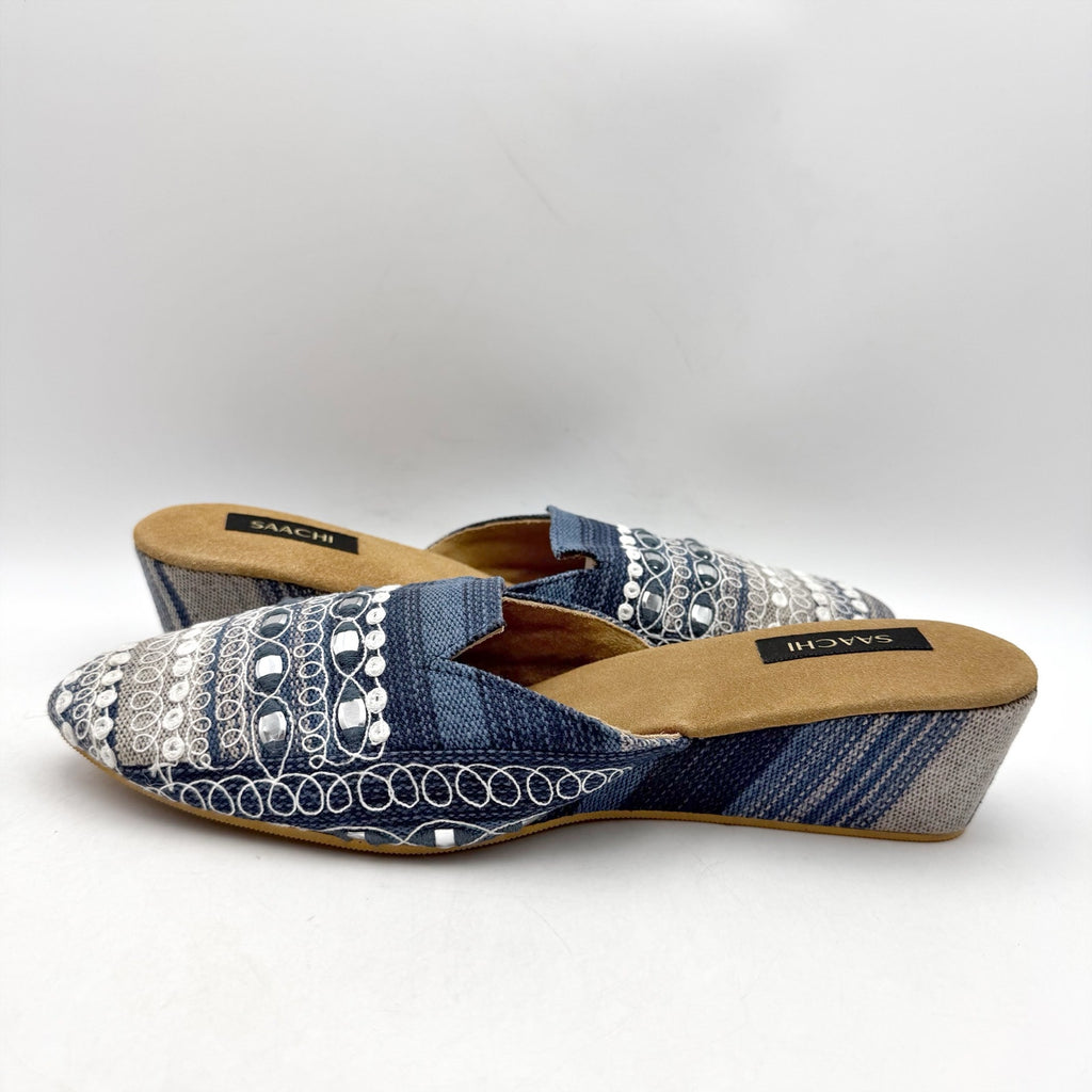 Saachi Womens Denim Wedge Mules US 11 Blue Silk Embroidered NWOB