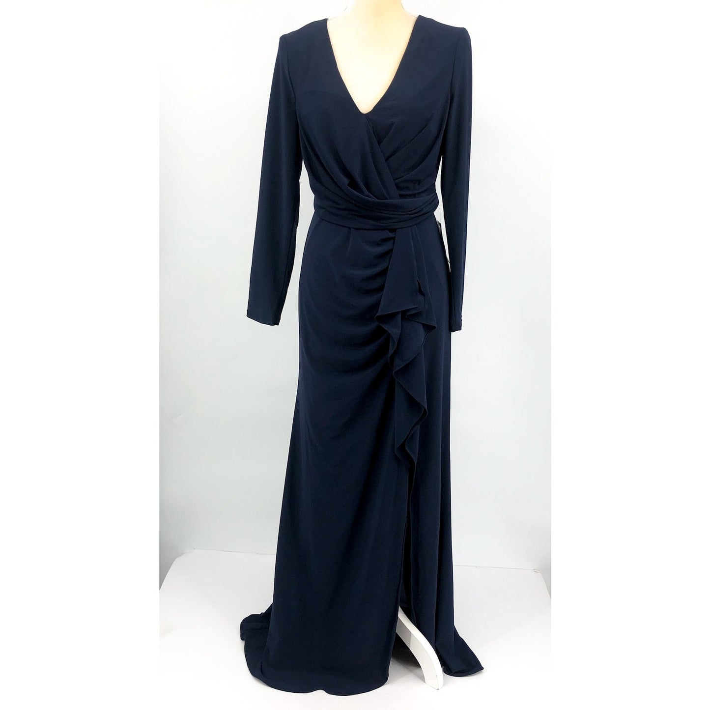 BETSY & ADAM Elle Gown Size 12 Navy Blue Long Sleeve Side Ruffled Slit NWT