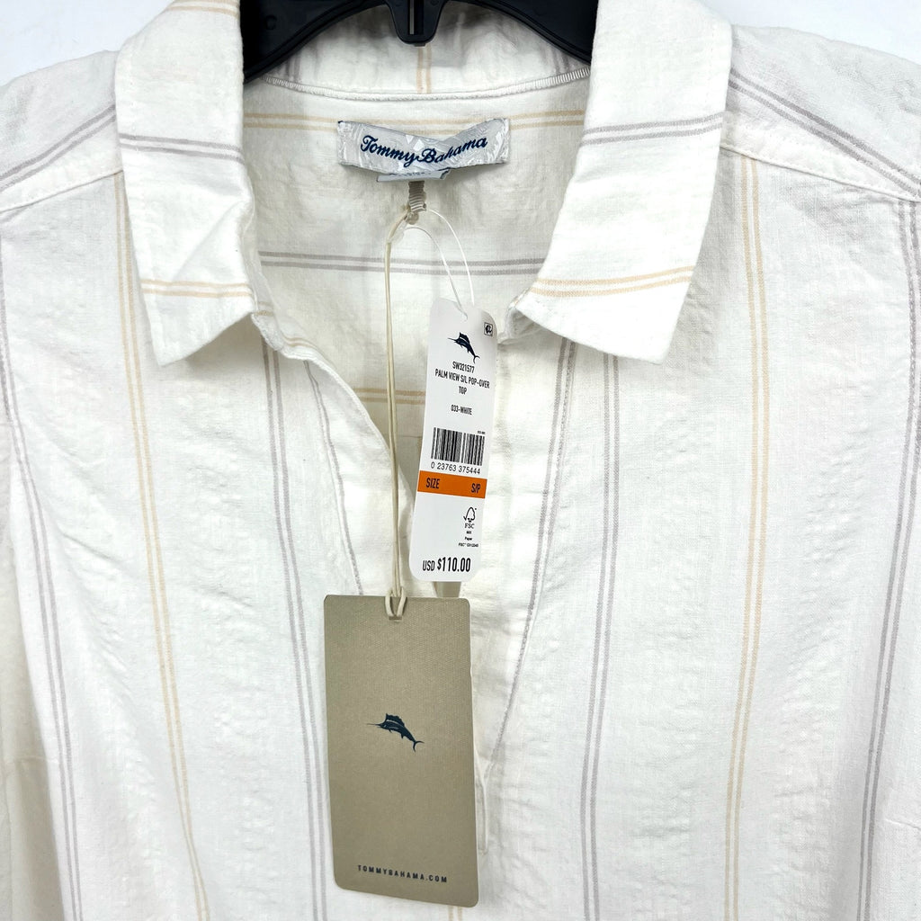 TOMMY BAHAMA Womens Palm View Popover Top Small White Linen-Blend Striped NWT