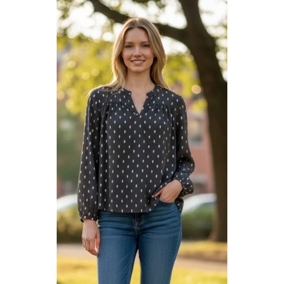 STITCH FIX - PAPERMOON Womens V Neck Blouse Small Black Silver Print NWT