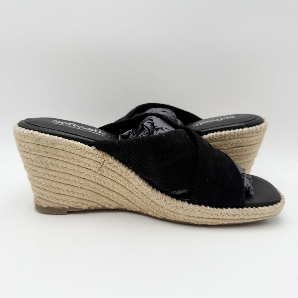Softwalk Womens Hastings Wedge Sandals Size 7 WIDE Black Suede NIB