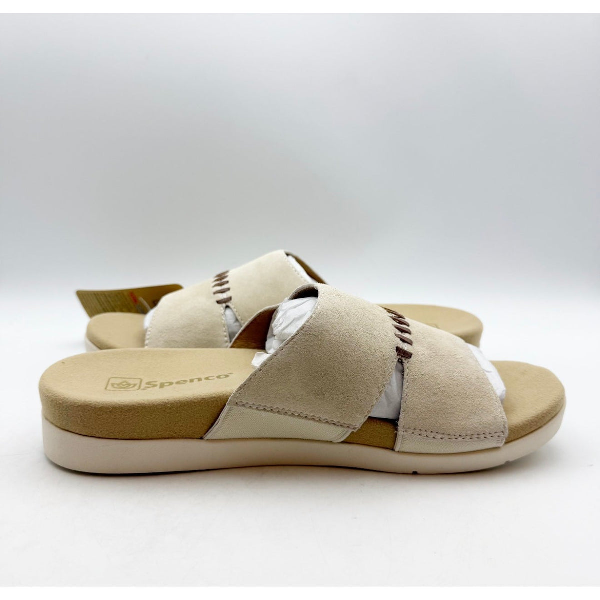 Spenco Womens Twilight Woven Slide Sandals Size 9 Wide Cream Almond Buff Tan NIB