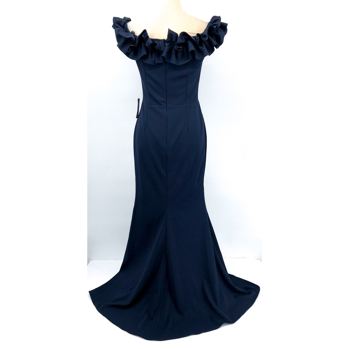 XSCAPE Women's Crepe Ruffled Gown Size 6 Navy Blue Off The Shoulder NWT
