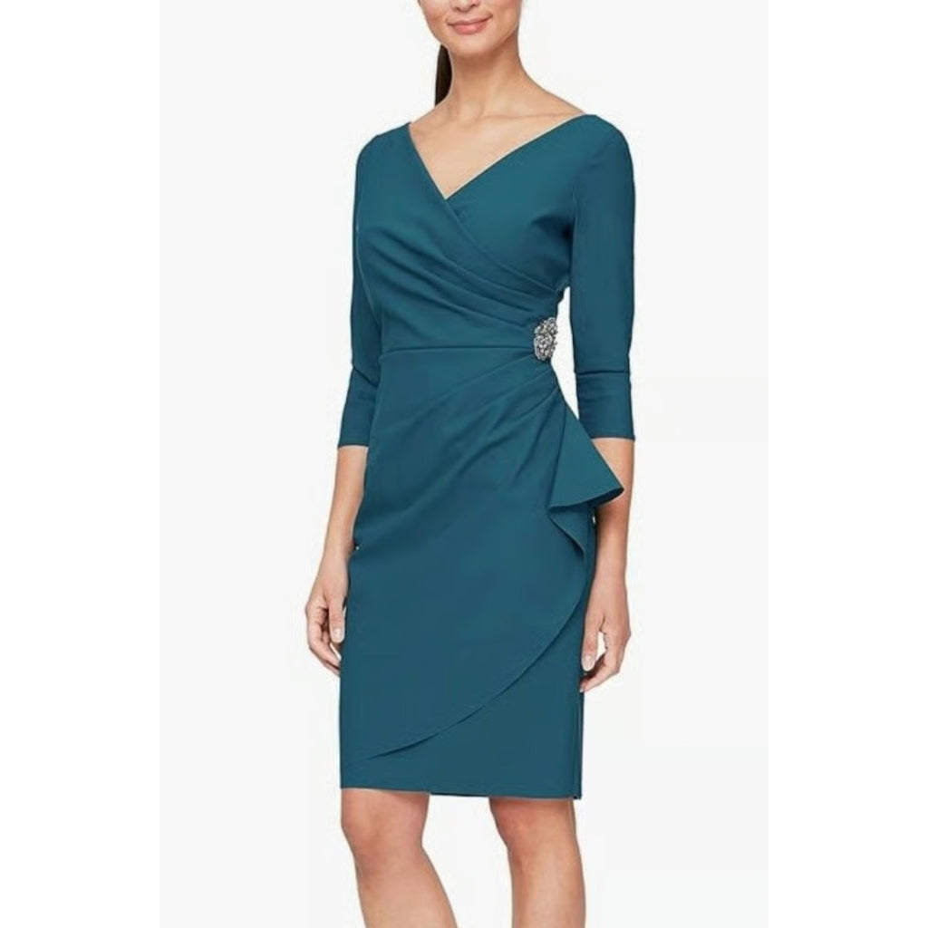 ALEX EVENINGS Beaded Wrap Front Dress Size 14 Blue Green Teal 134134 NWT
