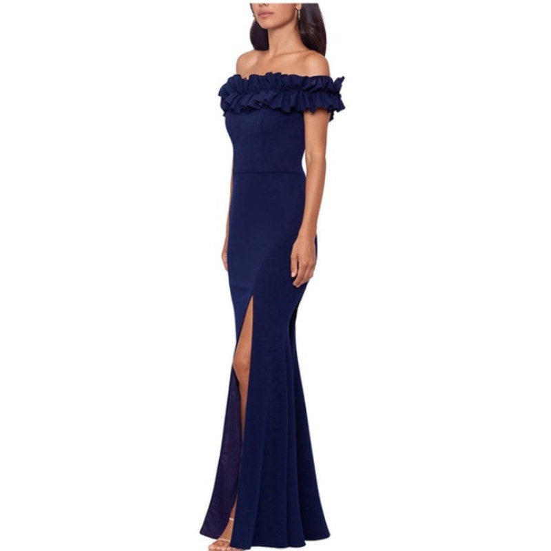 XSCAPE Women's Crepe Ruffled Gown Size 6 Navy Blue Off The Shoulder NWT