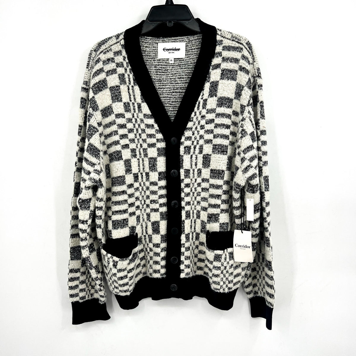 Corridor Mens Optic Alpaca Cardigan XL Black Check Print Sweater NH809 NWT