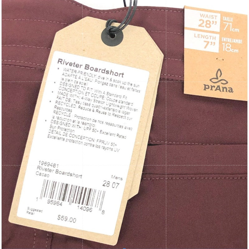 PRANA Men's Riveter Board Shorts Size 28 Dark Red Cacao 7" Inseam Drawstring NWT