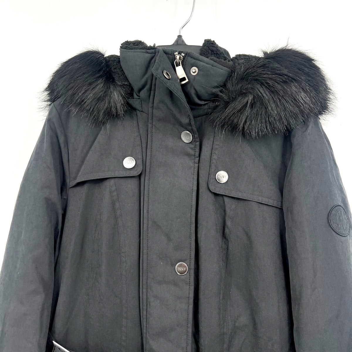 DKNY Women's Faux Fur Hood Anorak Winter Coat XS Black Belted NWT
