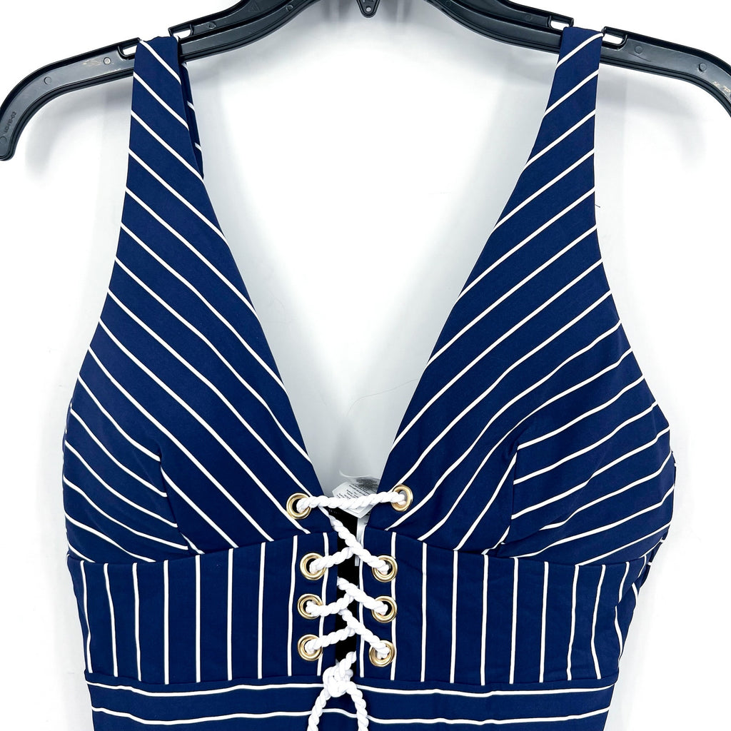 SEA LEVEL SWIM Shoreline Lace Up One Piece Swimsuit Size 10 Navy Blue White NWT
