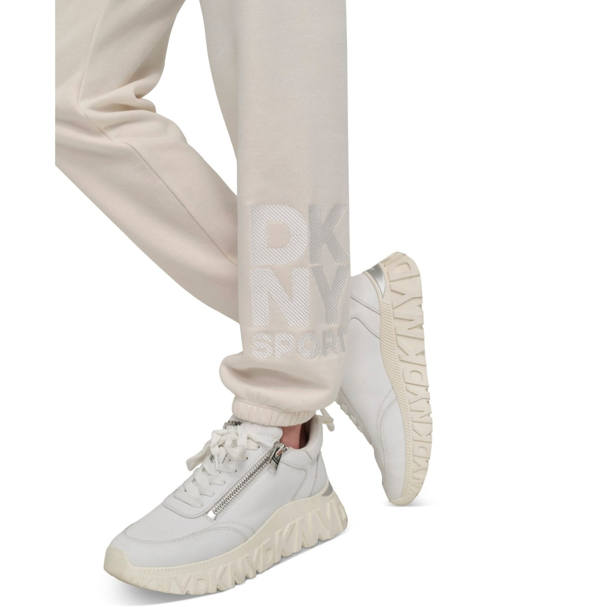 DKNY Womens Stacked Logo Relaxed Joggers XL Cream Embroidered Sweatpants NWT