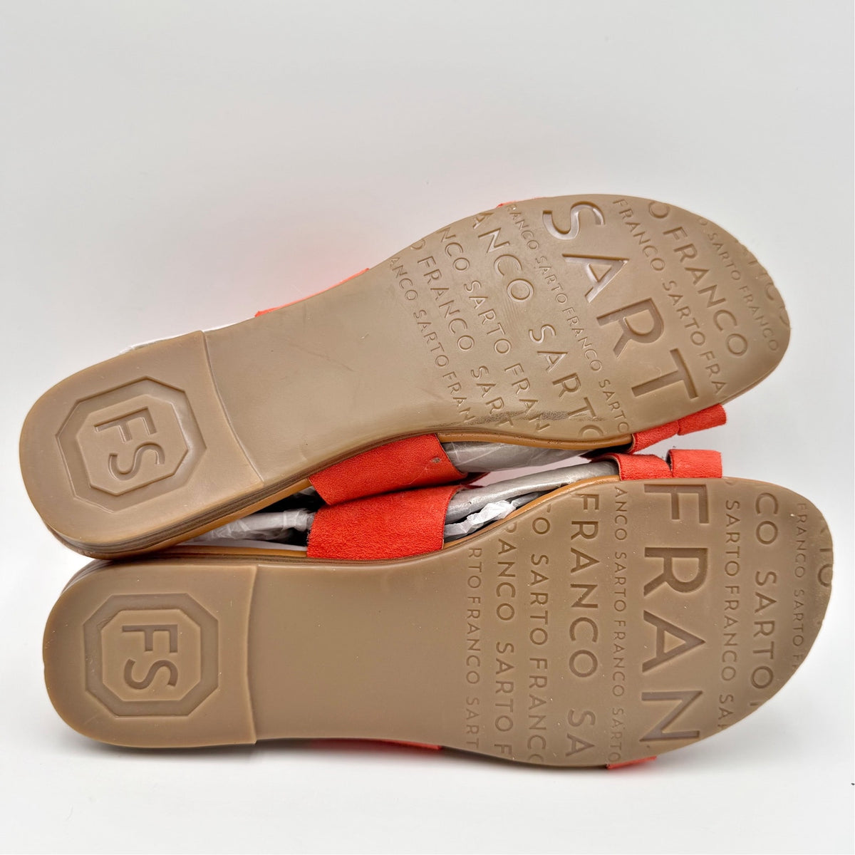 Franco Sarto Womens Gia Flat Sandals Size 7.5 M Orange Red Coral Suede NWOB