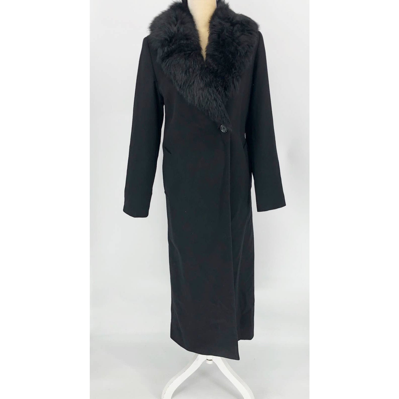 Sofia Cashmere Women Long Full Length Coat 6 Black Fur Collar Wool Cashmere NWOT