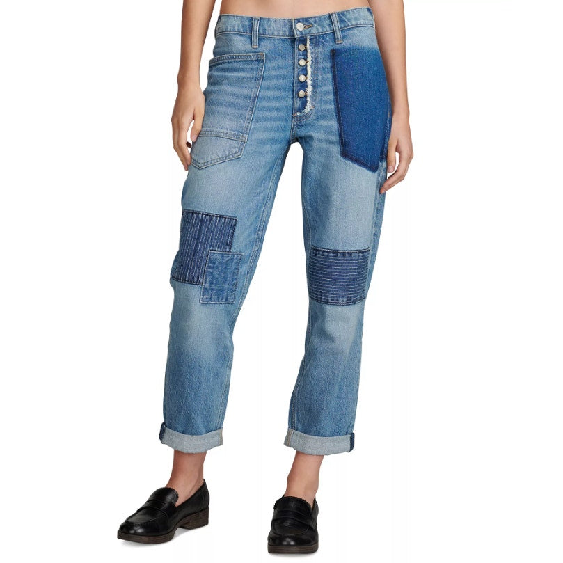LUCKY BRAND Women's Patched Boy Jeans Size 6 28A Blue Button-Fly Mid-Rise NWT