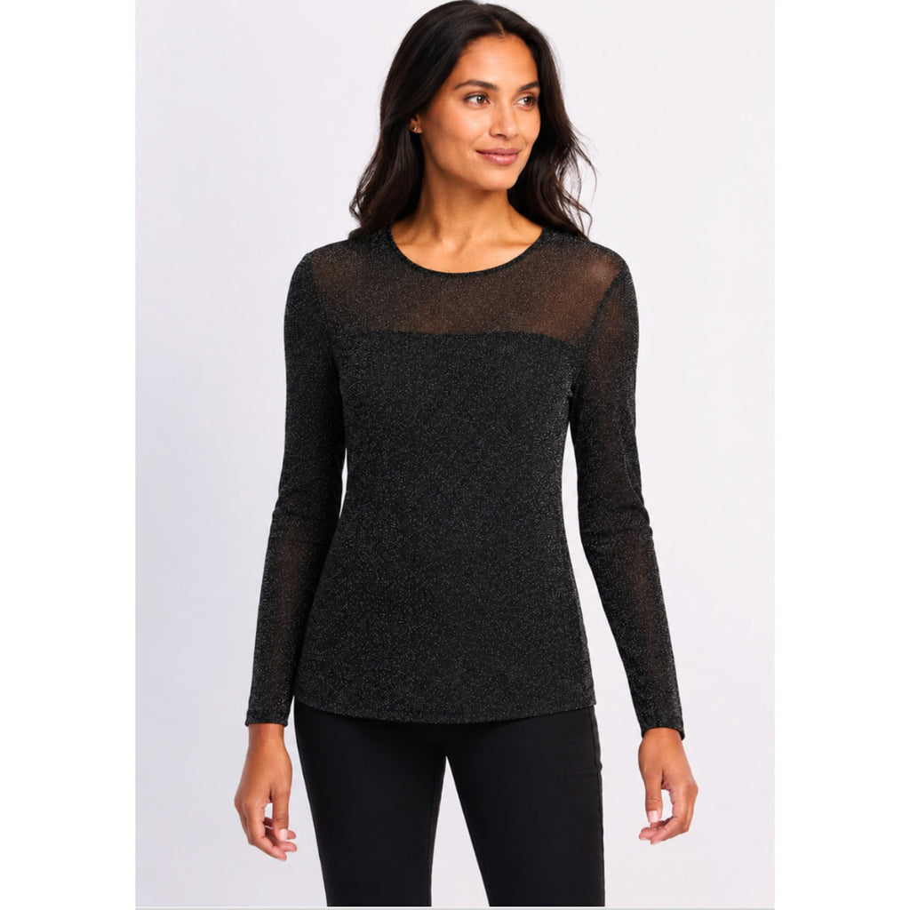 LES SEREIN Long Sleeve Glitter Mesh Sheer Top Small Black Silver Metallic NWT