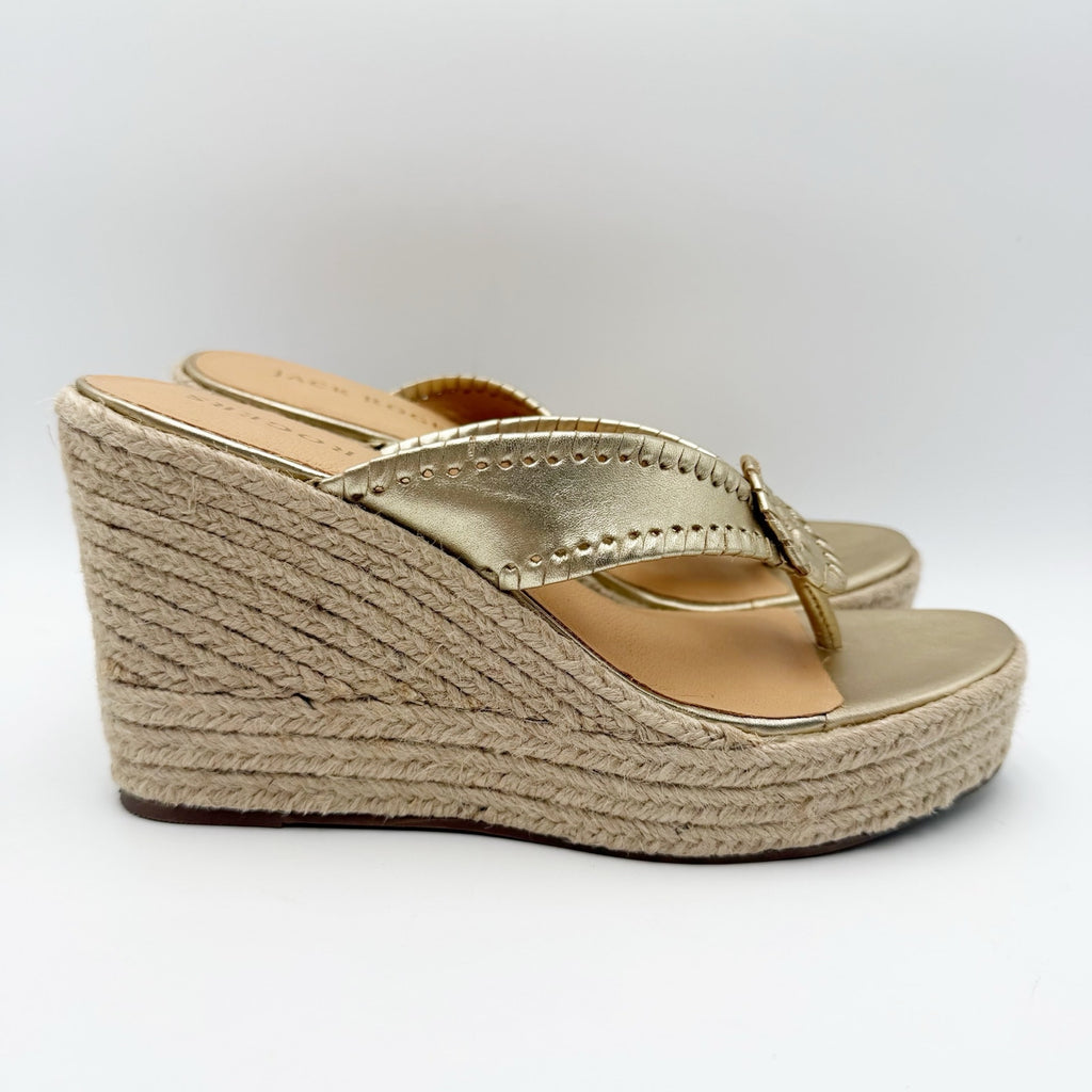 Jack Rogers Womens Rowan Espadrille Sandals Size 8.5 Platinum Gold Leather NWOB