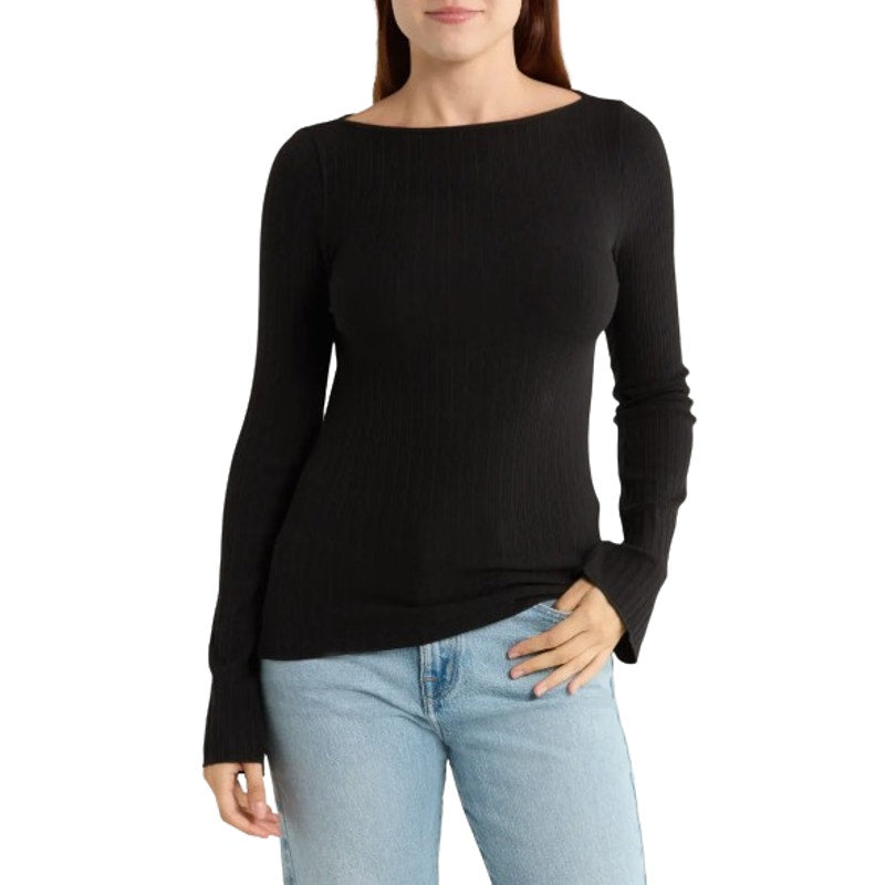 MADEWELL Women's Boat Neck Rib Top XS Jet BlackLong Sleeve NS805 NWT