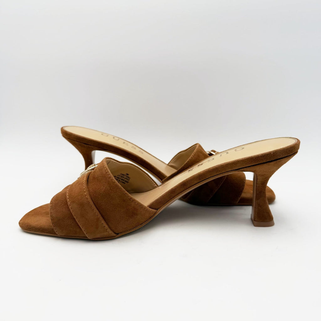 Guess Womens Dittara Kitten Heel Slide Sandals Size 10 Brown Cognac Suede NWOB