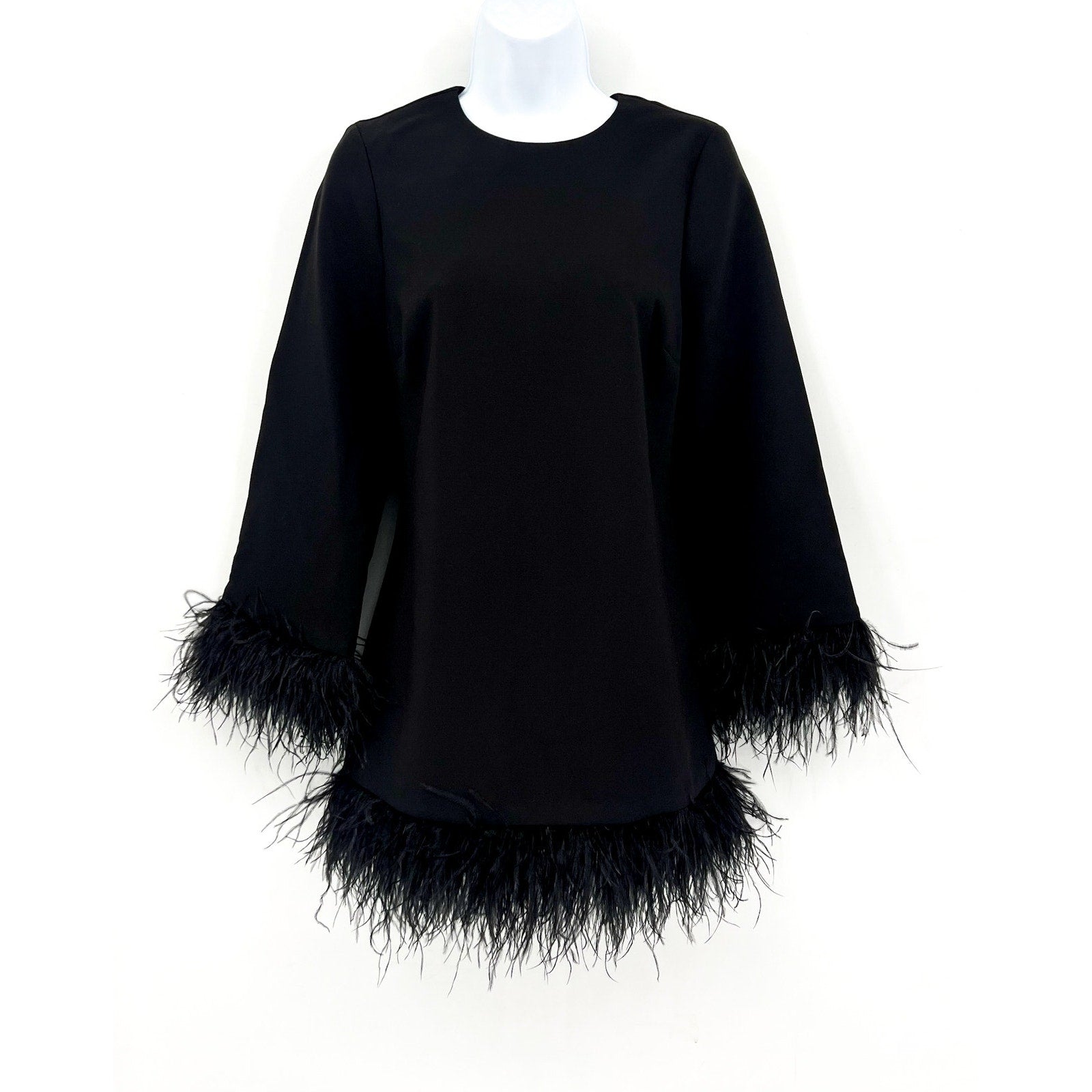 LIKELY Womens Marullo Feather Trim Mini Dress Size 4 Black Long Sleeve Shift NWT