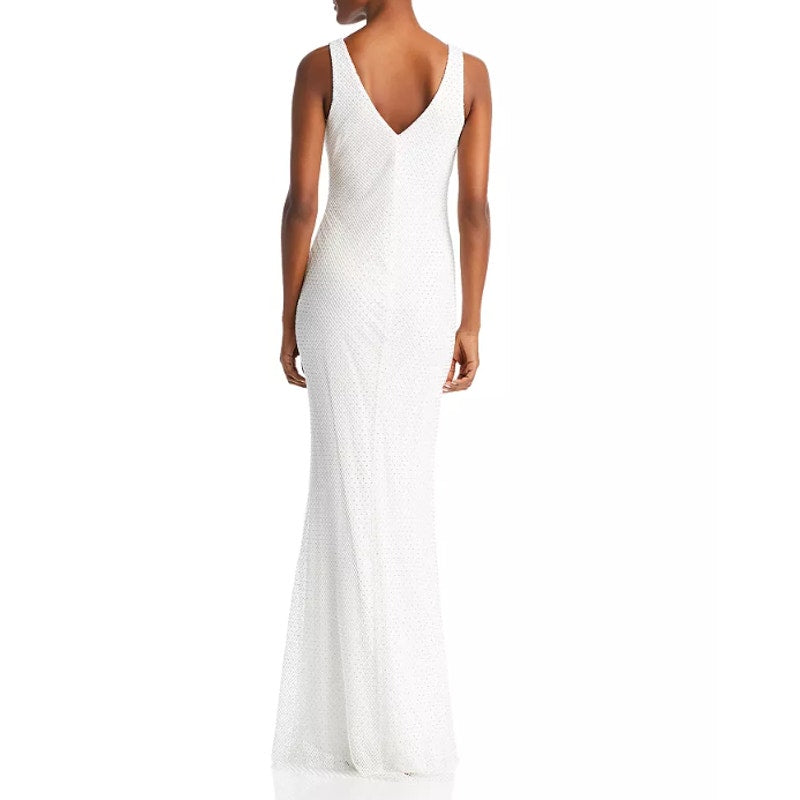 AQUA FORMAL Women's Rhinestone Embellished Fishnet Gown Size 12 Ivory NWT