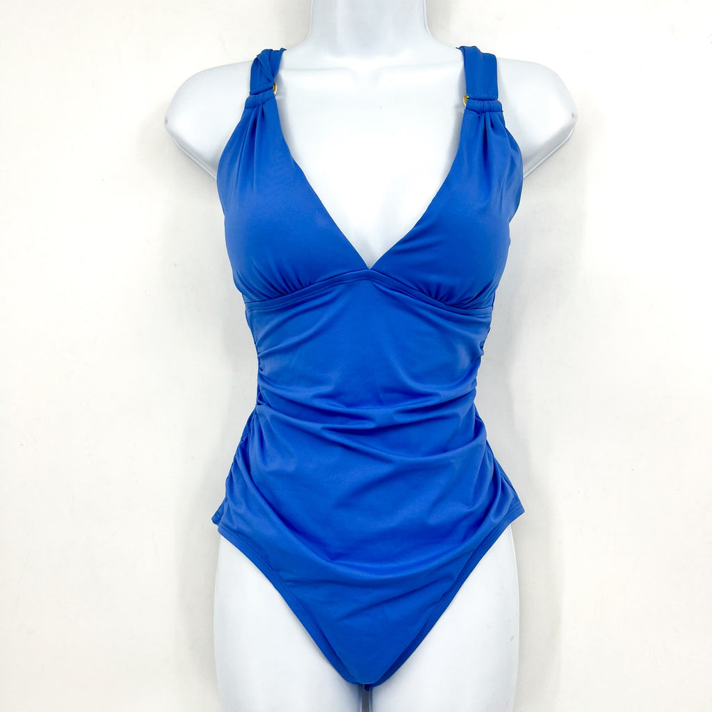 TOMMY BAHAMA Novelty Pearl Vneck One Piece Swimsuit Size 10 Paradiso Blue NWT