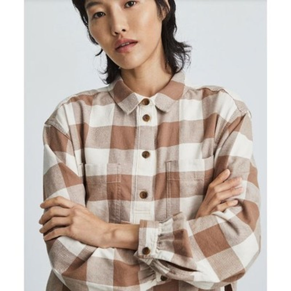 Everlane Womens Flannel Popover Top XS Tan White Plaid Organic Cotton NWOT