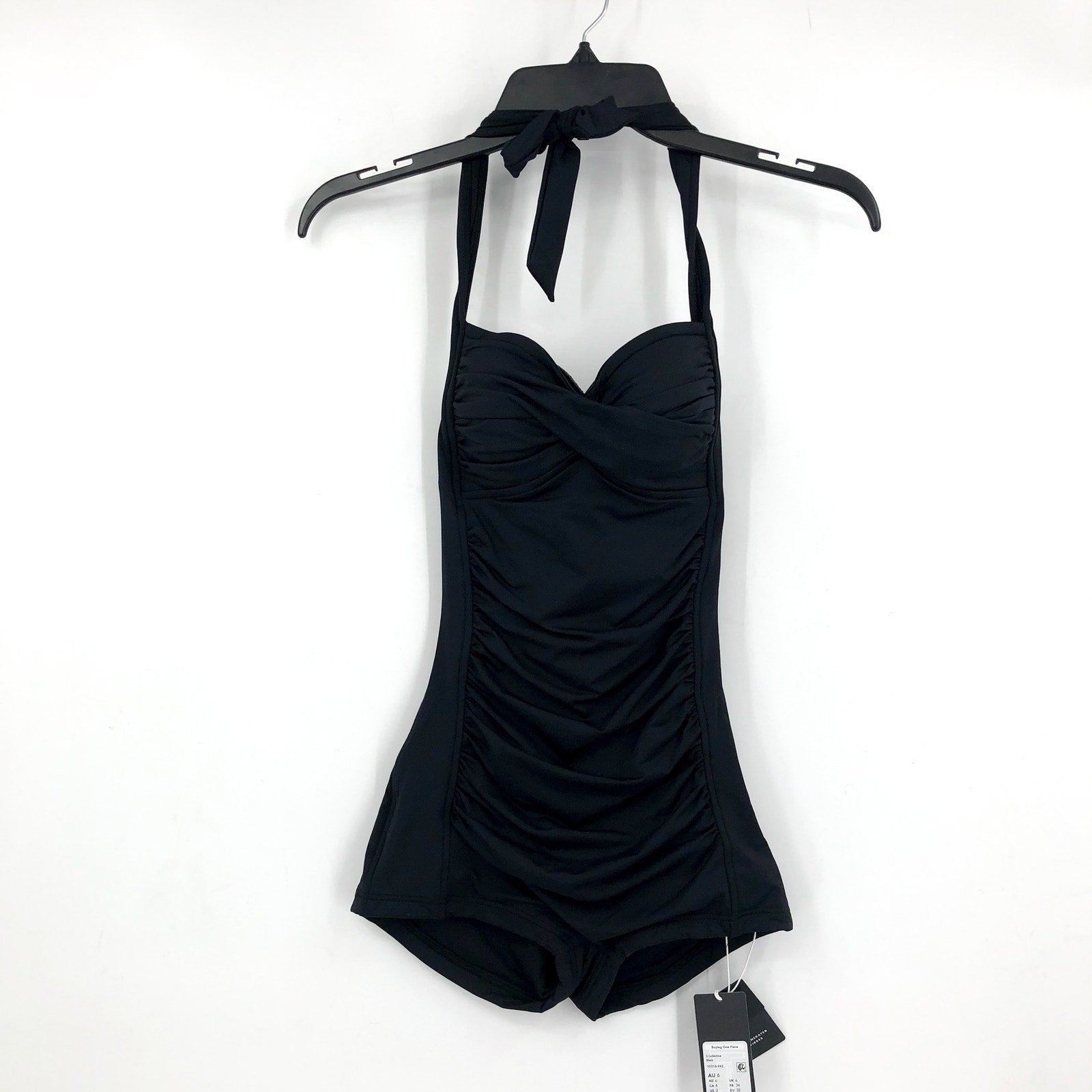 SEAFOLLY COLLECTIVE Women's Boyleg One Piece Swimsuit Size 2 Black Tie Neck NWT