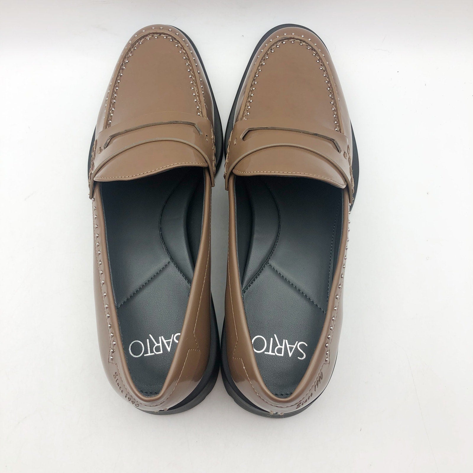 Franco Sarto Womens Eden Studded Loafers US 7.5 EU 38 Toffee Brown Slip On NWOB
