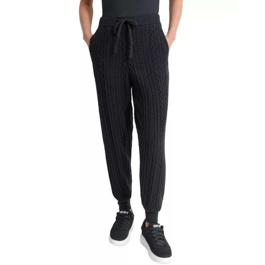 DKNY Womns Cozy Cable Sweater Knit Jogger Large Black Drawstring NWT