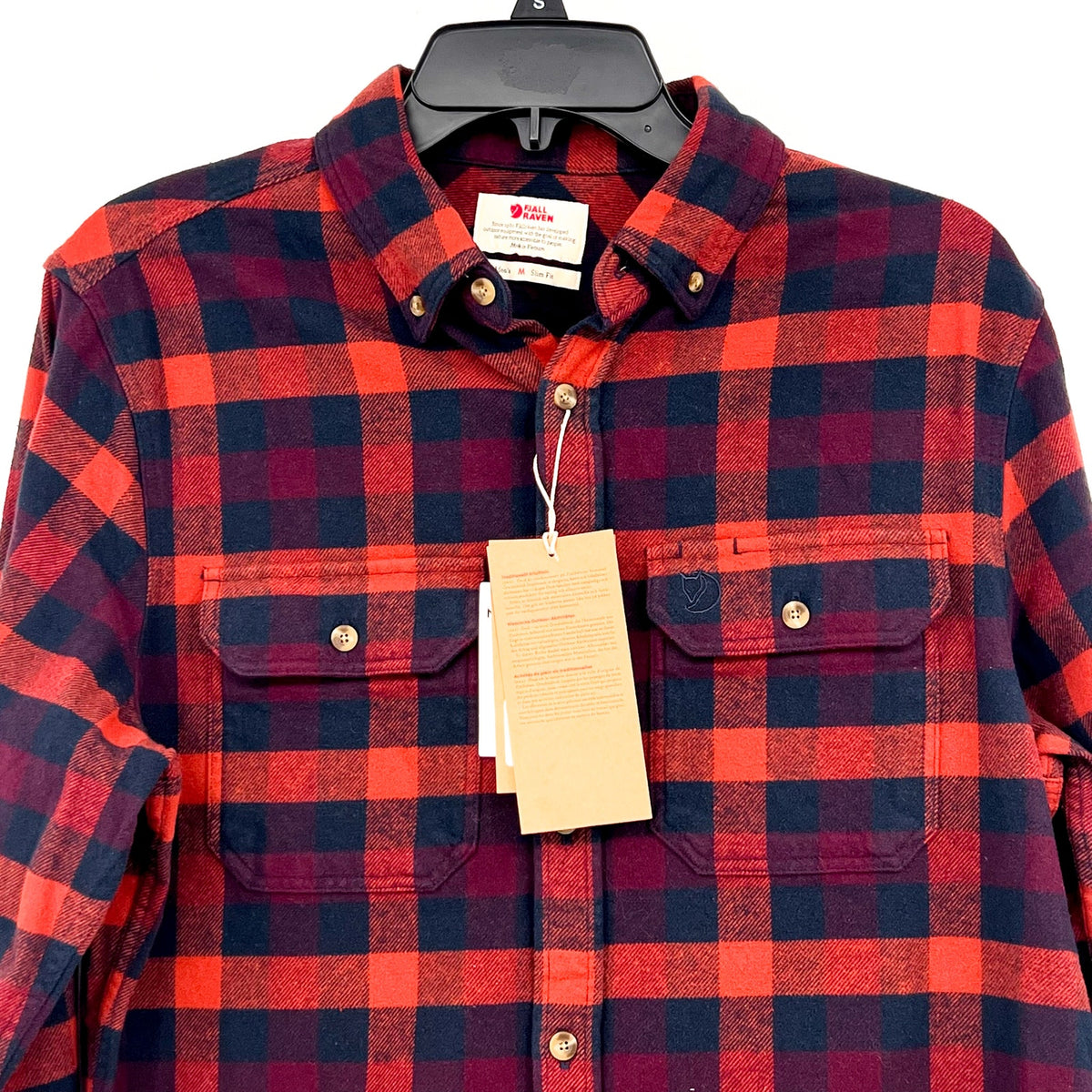 FJALLRAVEN Men's Skog Flannel Shirt Medium Slim Fit Navy Blue Red Plaid NWT