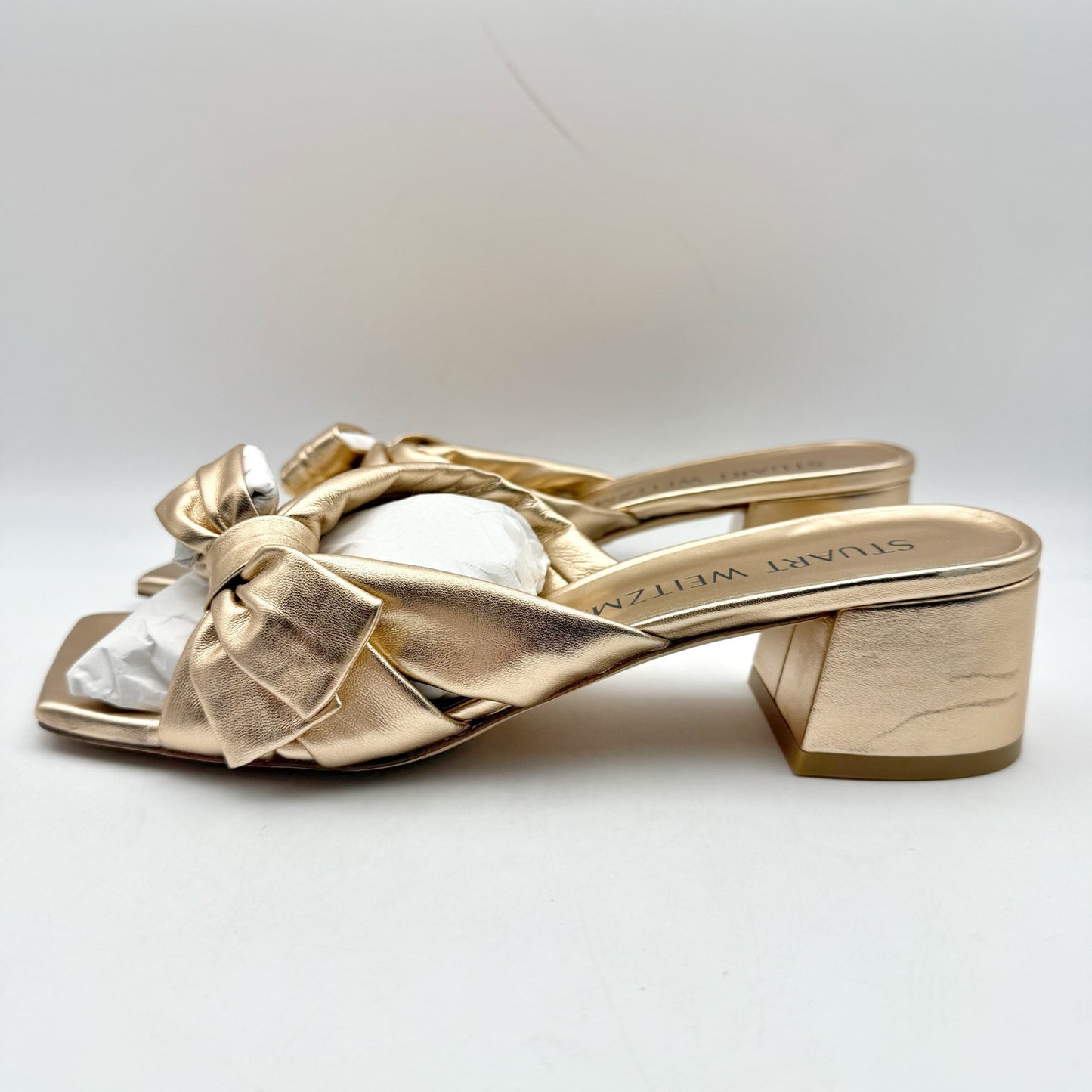 Stuart Weitzman Womens Sofia 45 Slide High Heels US 8.5 M Gold Leather Bow NIB