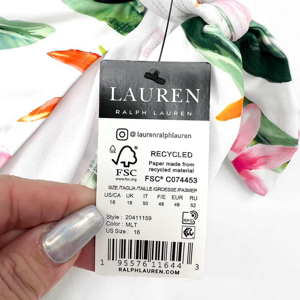 LAUREN RALPH LAUREN Hipster Bikini Bottom Size 16 White Pink Floral Side-Tie NWT